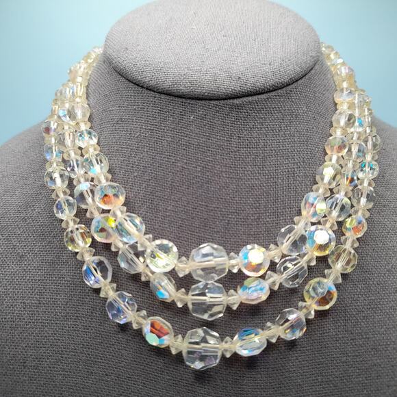 Vintage 1950s Aurora Borealis Crystal Three-Strand Necklace - 16 Inches - Picture 1 of 10